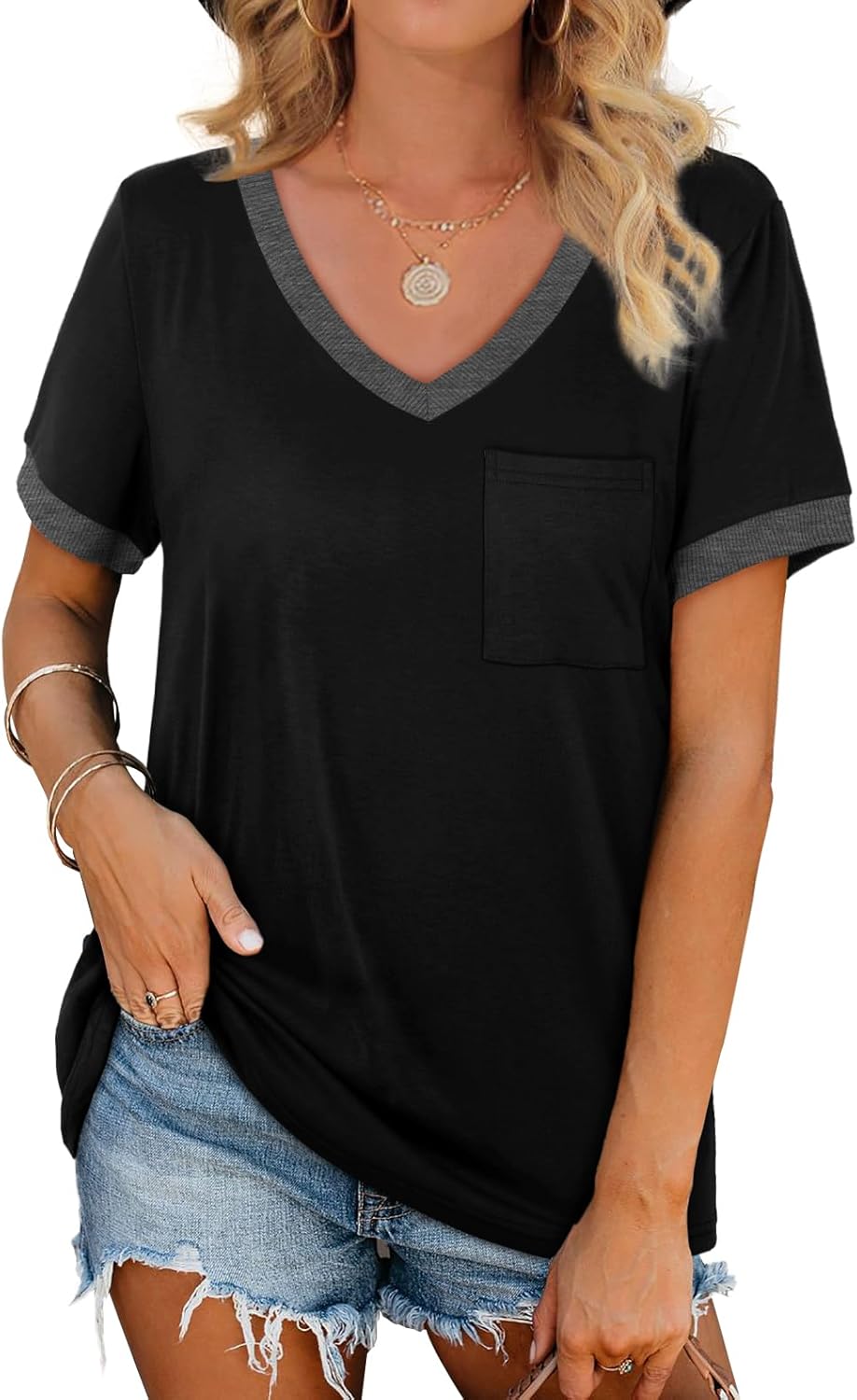 Geifa Womens T Shirts Short Sleeve V Neck Loose Casual Summer Tops with Pocket B...