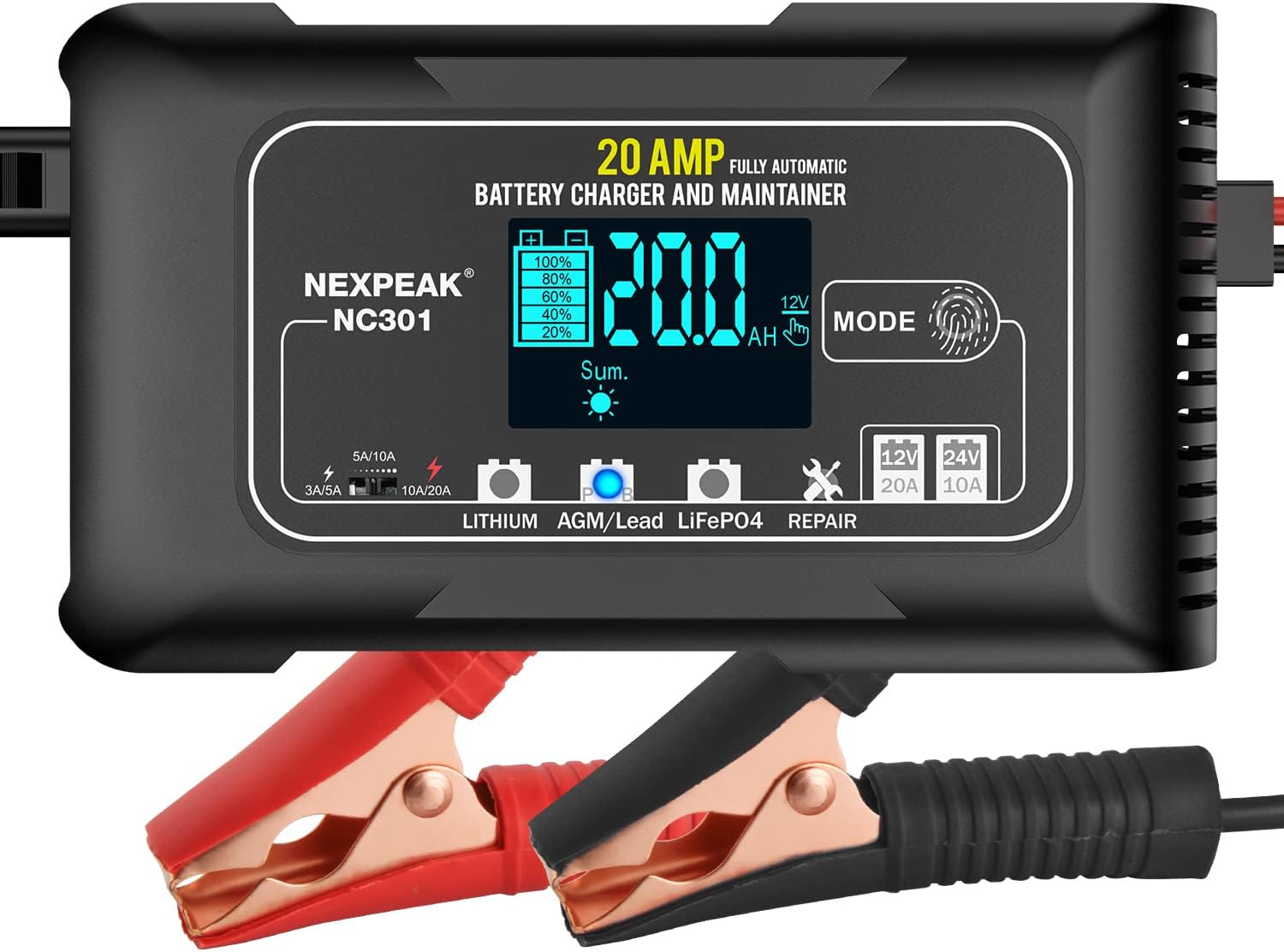 NEXPEAK NC301 20-Amp Car Battery Charger, 12V and 24V Smart Fully Automatic LiFe...