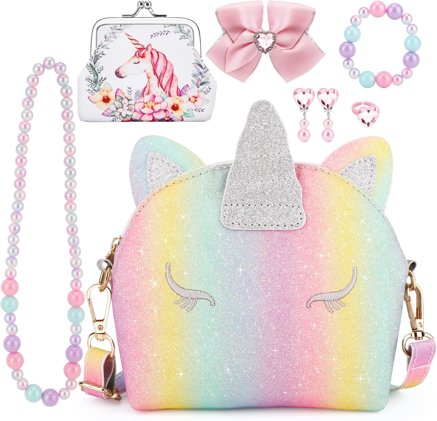 JYPS Unicorn Purse for Little Girls, 7Pcs Cute Kids Purse Crossbody Bags with Ki...