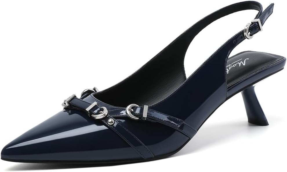Mostrin Kitten Heels for Women Pointed Toe Pumps Patent Leather Low Heel Slingba...