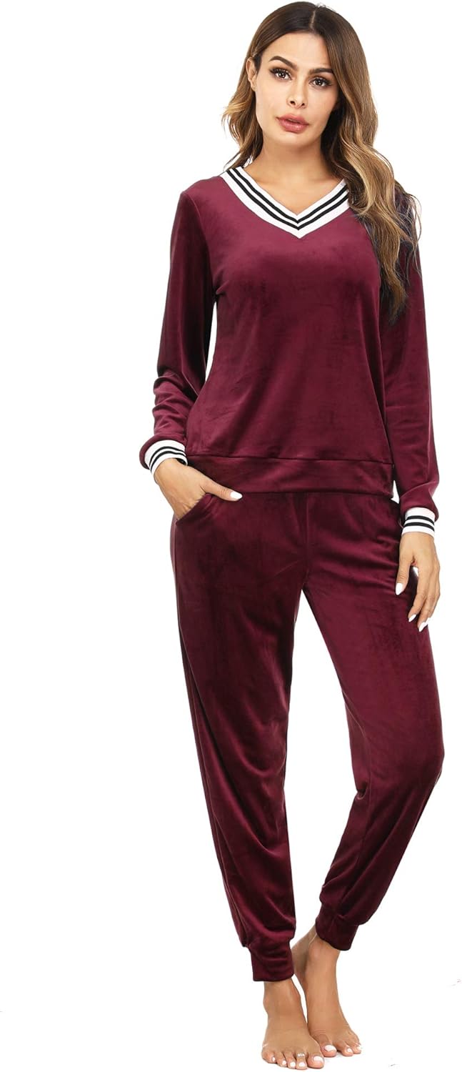 Irevial Women's Striped V Neck Velour Tracksuit Two Piece Sweatsuits Sets with P...