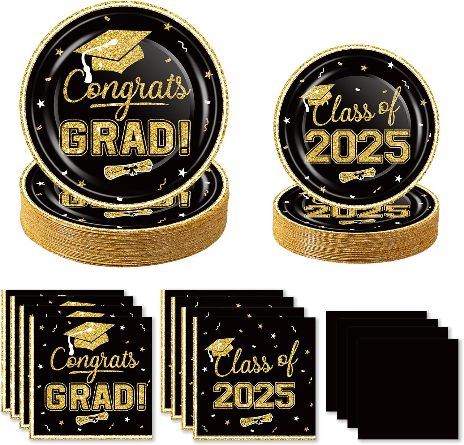 2025 Graduation Party Supplies Tableware Set - 200 Pcs Black Gold Graduation Pla...