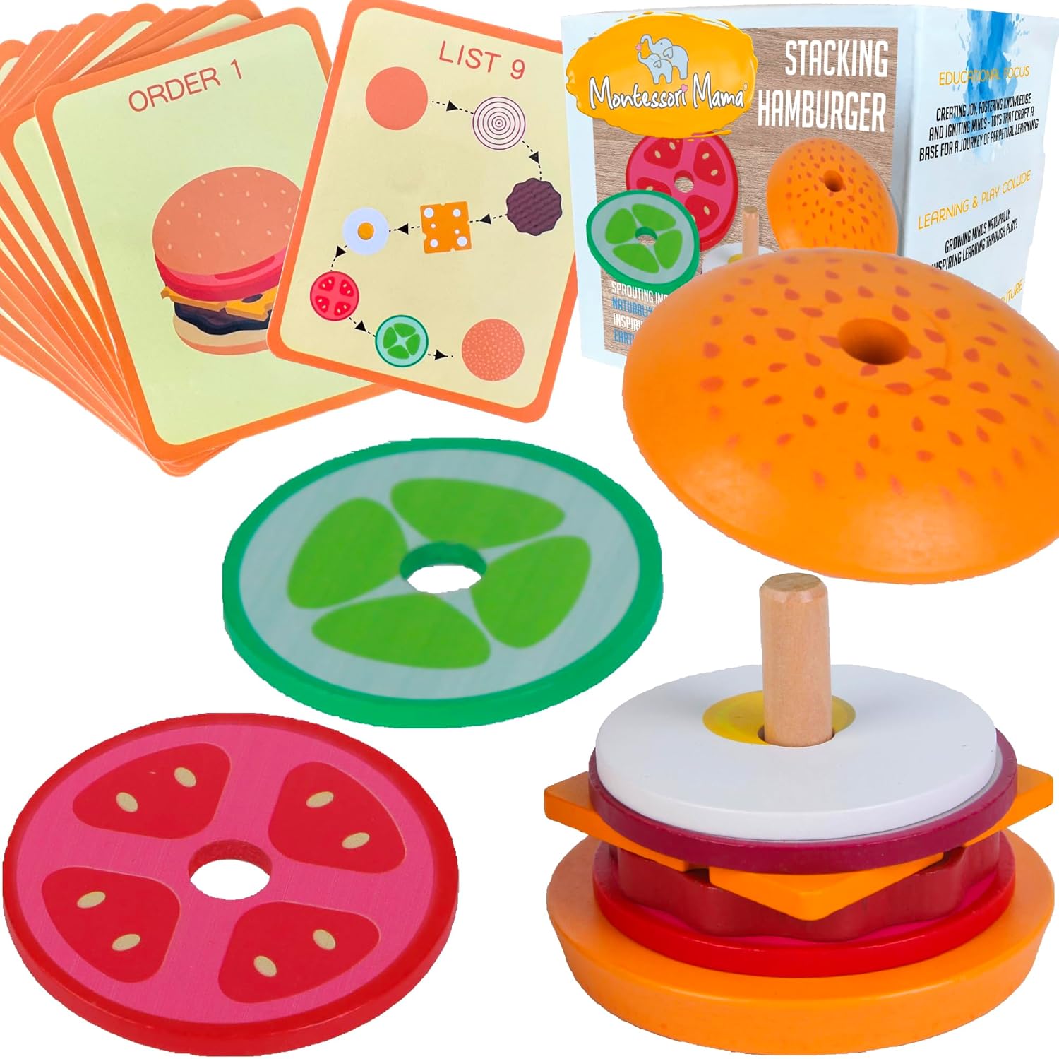 Montessori Mama Stacking Hamburger Toy, Create a Burger Sequencing Stacker, Food...