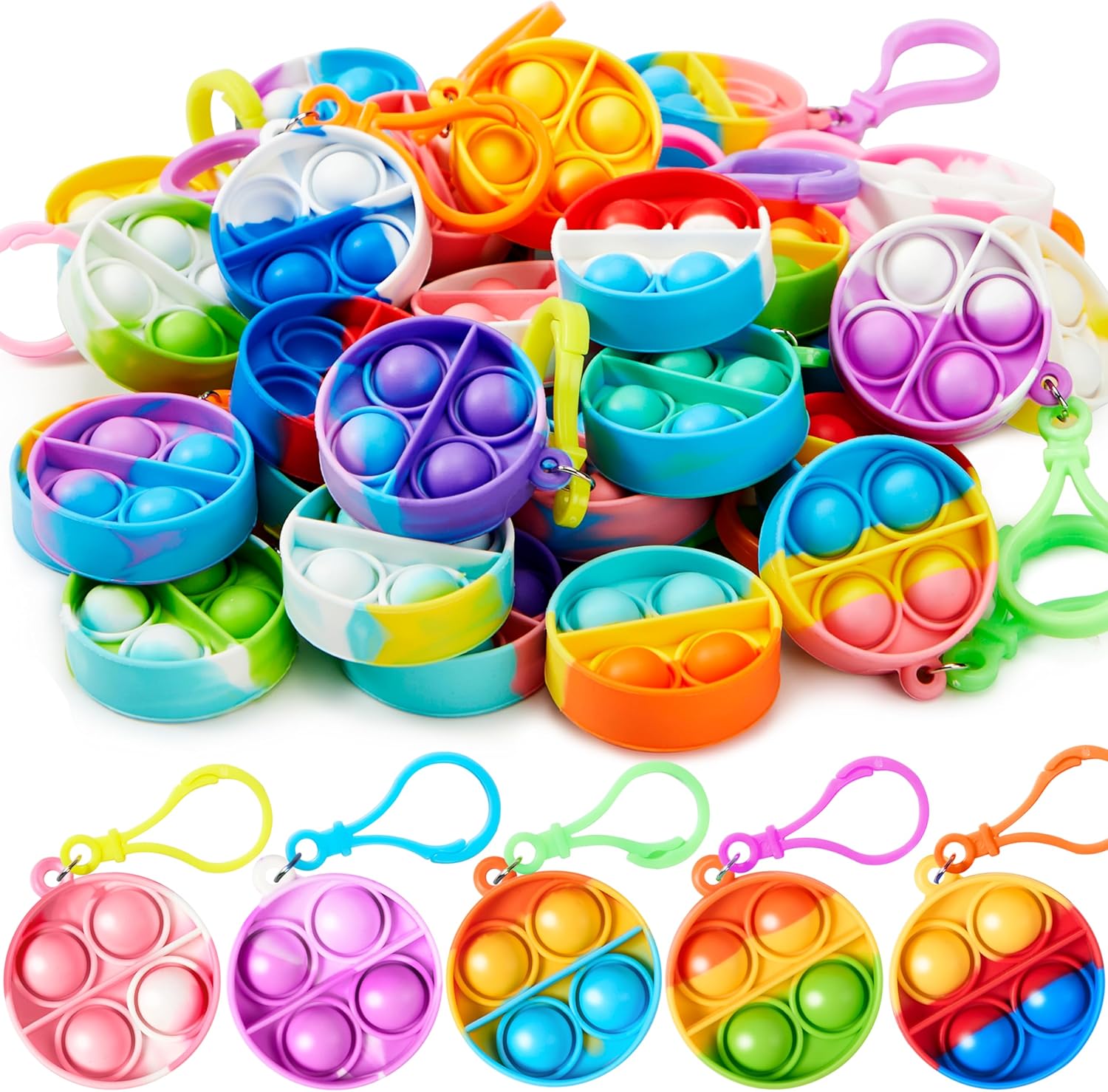 JOYIN Round Pop Fidget Keychain 30 Pack Pop Fidget Toys Bulk Party Favors for Ki...