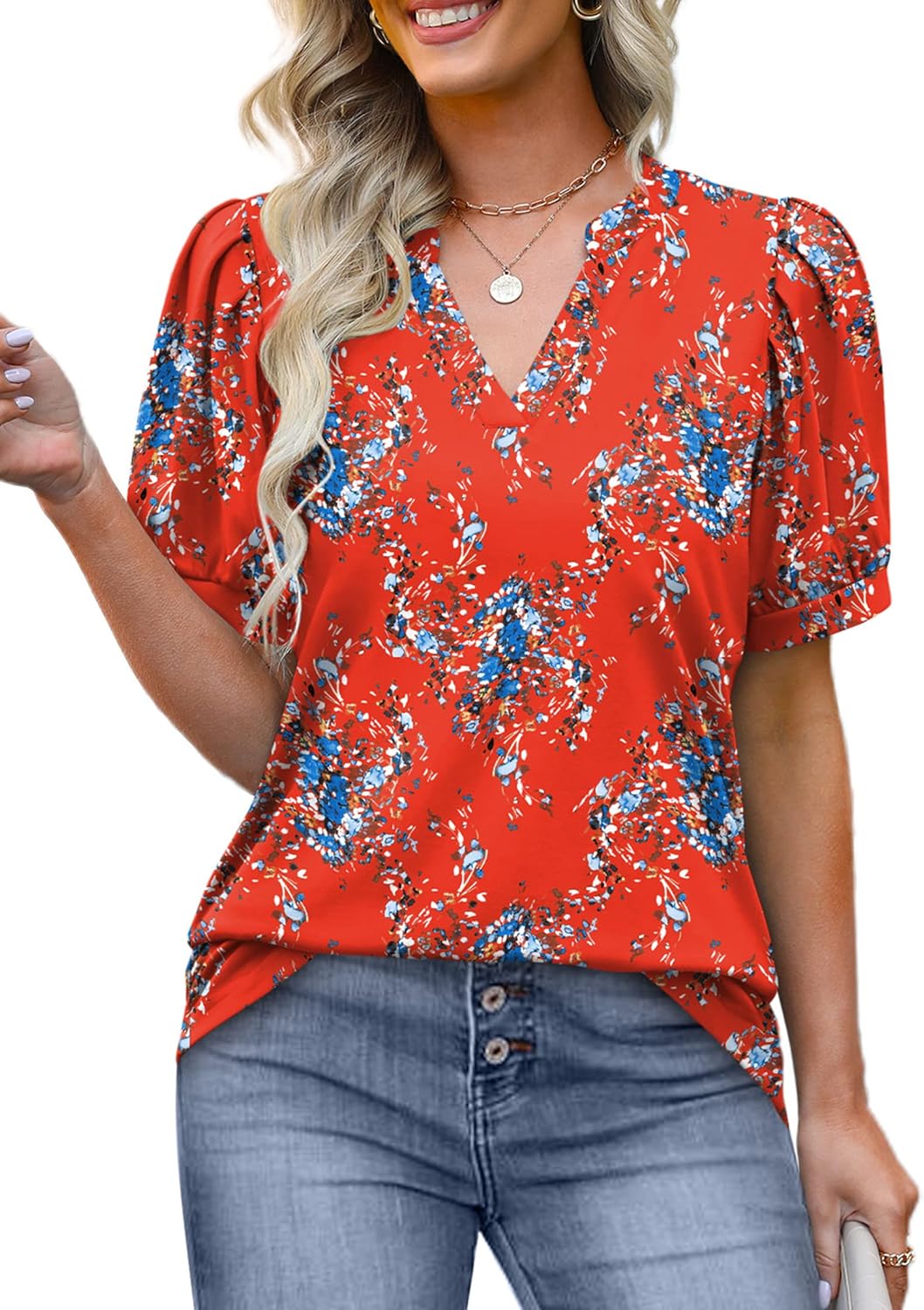 OFEEFAN Women's Pleated Puff Sleeve Tops Summer V Neck Tunic Shirts Loose Curved...
