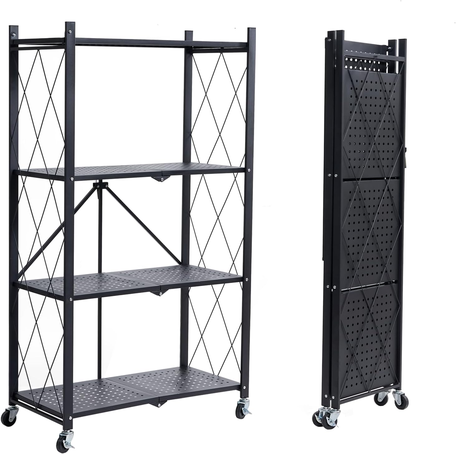 BRIAN & DANY 4-Shelf Foldable Storage Shelves with Wheels, Folding Metal Rack Sh...