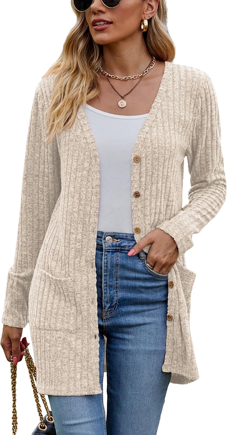 Famulily Women's Long Sleeve Open Front Cardigans, Button Down V Neck Lightweigh...