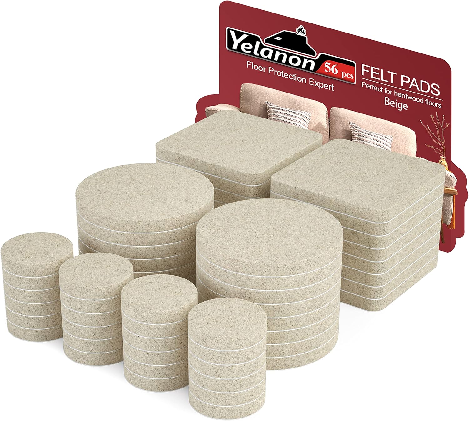 Yelanon Felt Furniture Pads 56Pcs(25+50) mm Furniture Pads Self Adhesive, Felt C...