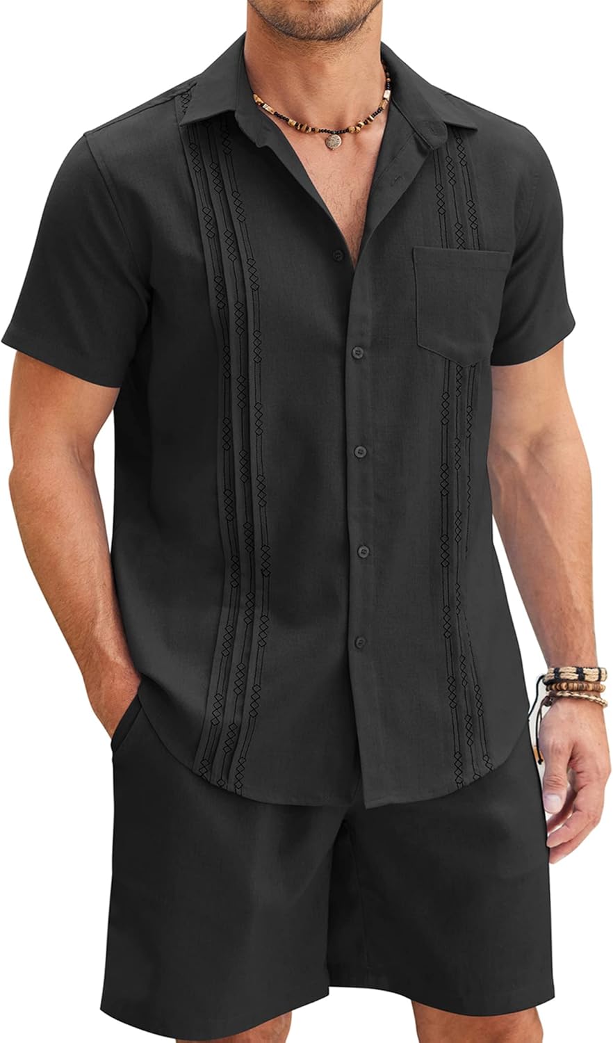 COOFANDY Mens Beach Outfits for Vacation 2 Piece Short Set Guayabra Sets Resort...