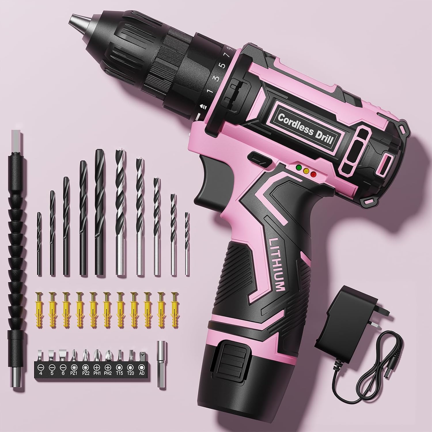 FAHEFANA Cordless Drill Set Pink, 12V Lightweight Electric Screwdriver Driver, E...