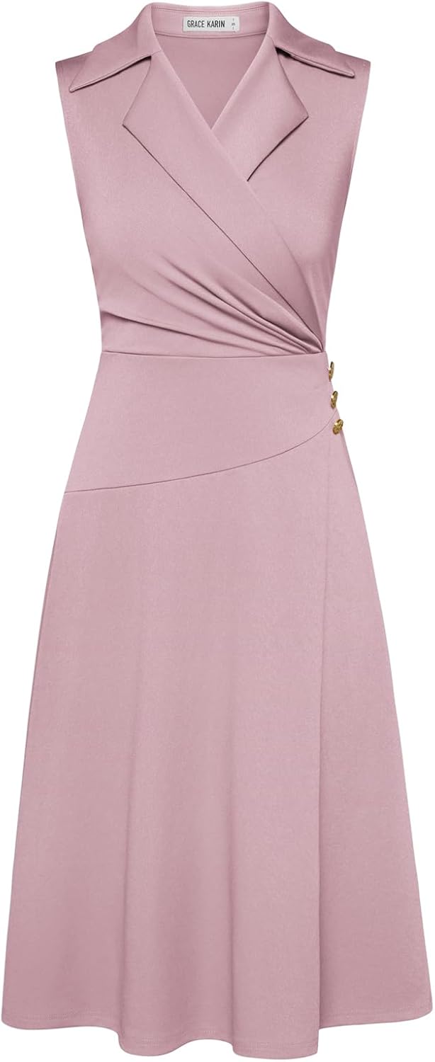 GRACE KARIN 2025 Women's Notch Lapel Ruched Wrap V Neck Business Work Dress Slee...