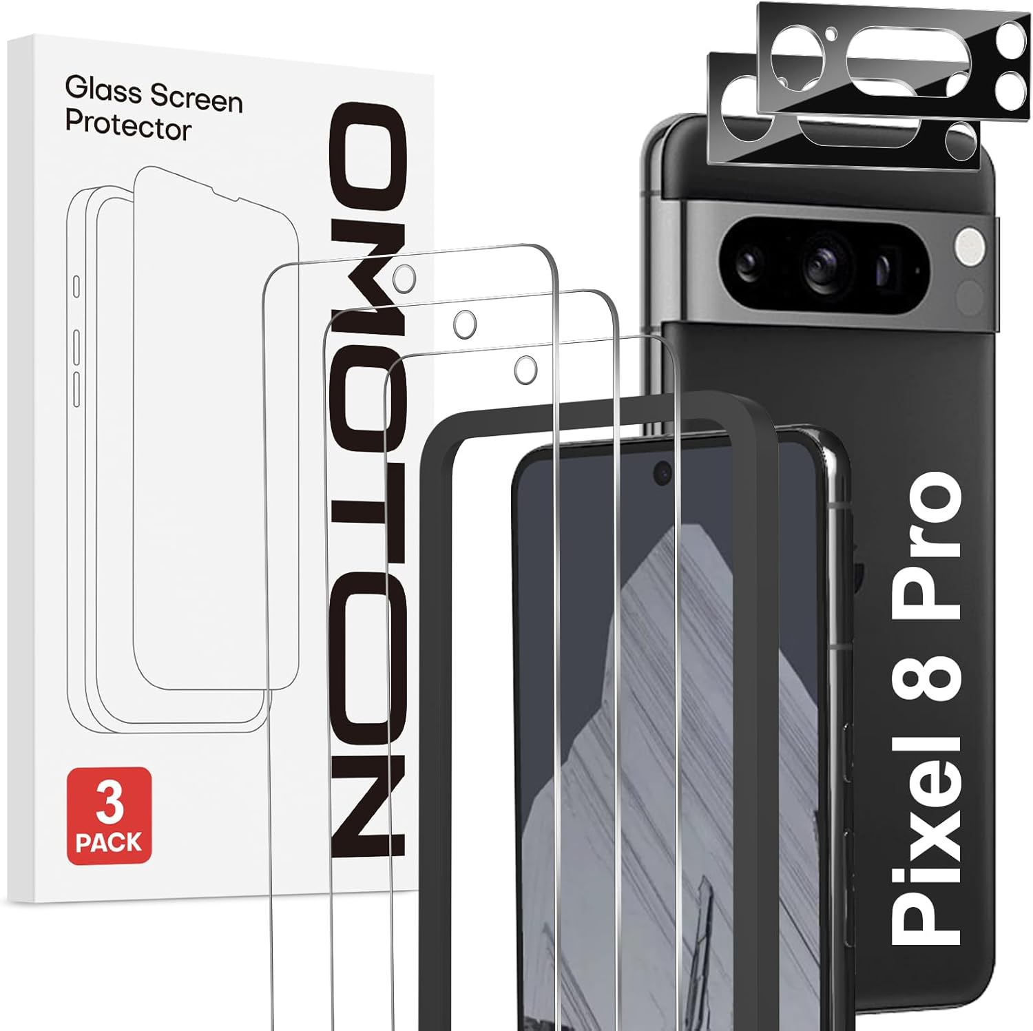 OMOTON 3+2 Pack Google Pixel 8 Pro Screen Protector with Camera Lens Protector,...