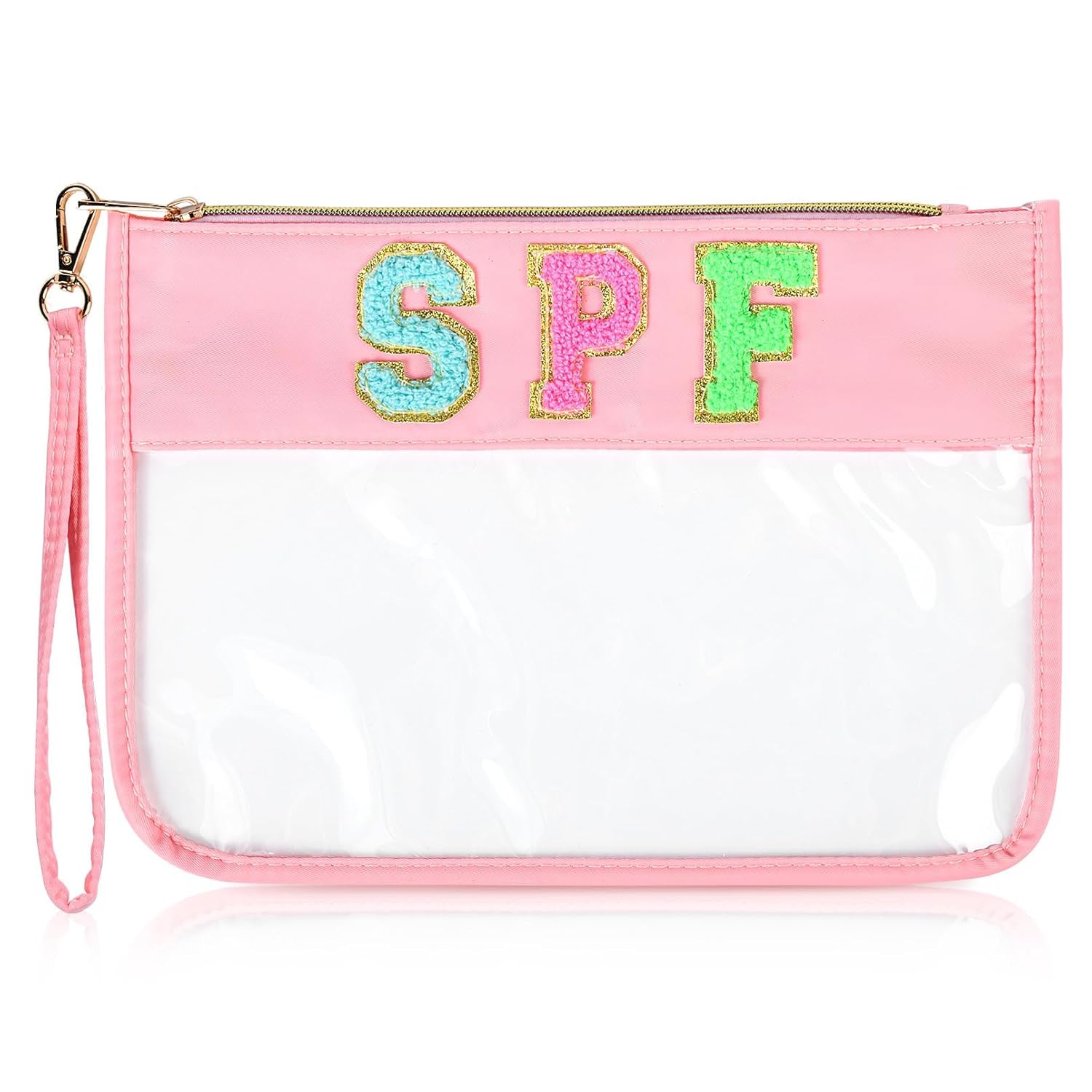 SOIDRAM SPF Makeup Bag Chenille Letter Pouch Bag Clear Travel Zipper Nylon cosme...