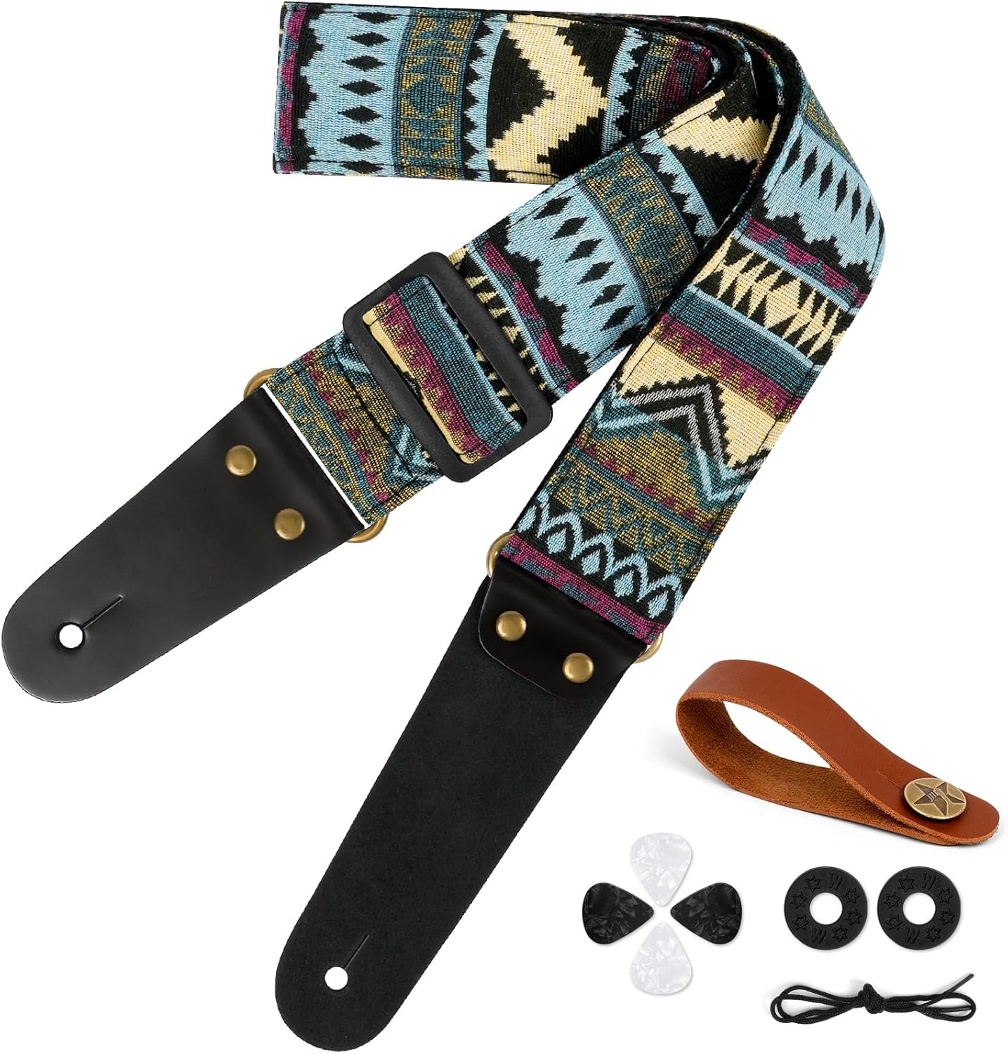 Aucuu 2" Vintage Embroidered Guitar Straps with Leather Ends and Strap Locks