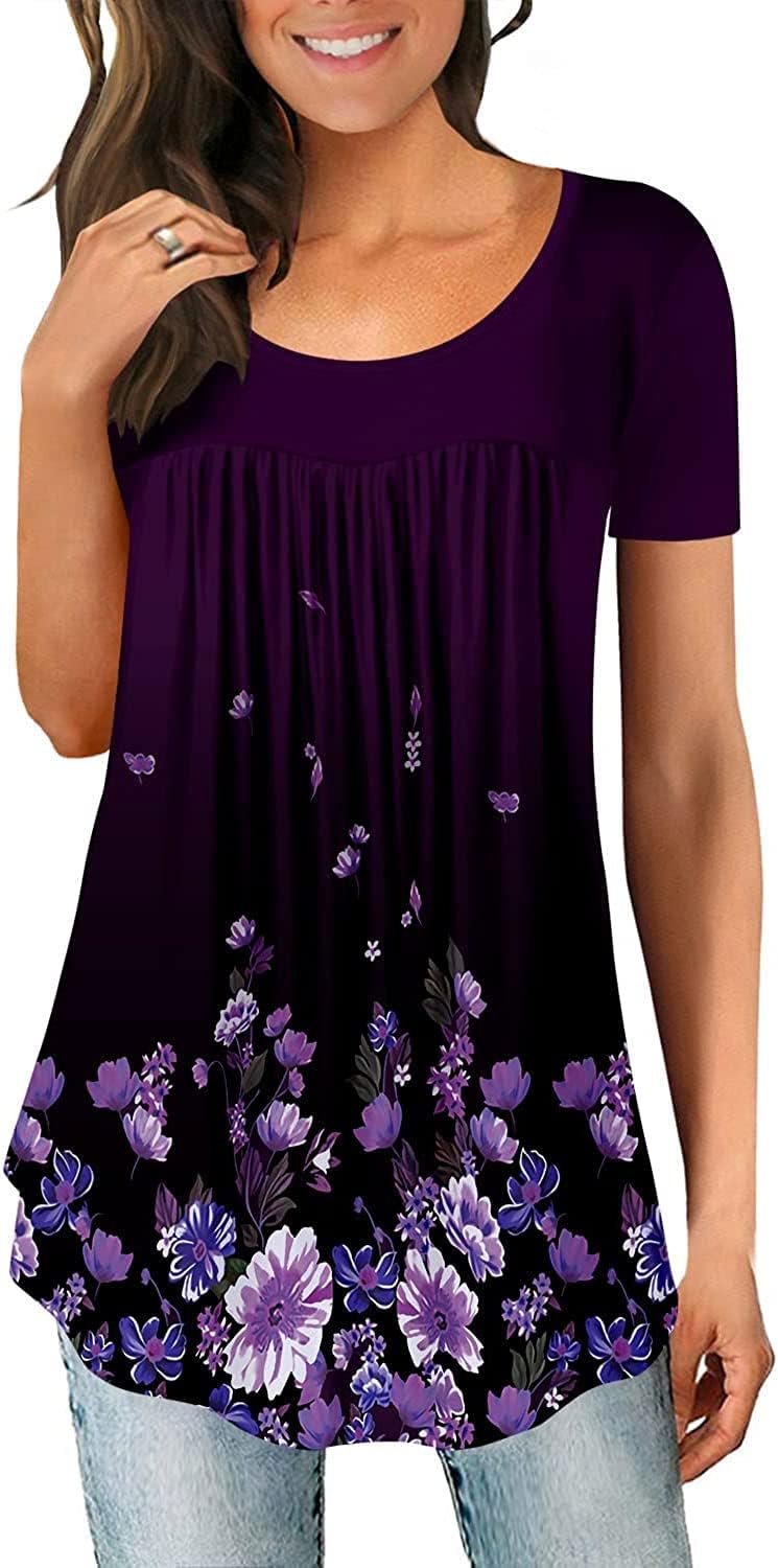 CHICZONE Women's Floral Henley Tunic Blouse for Leggings - Ladies Short Sleeve T...