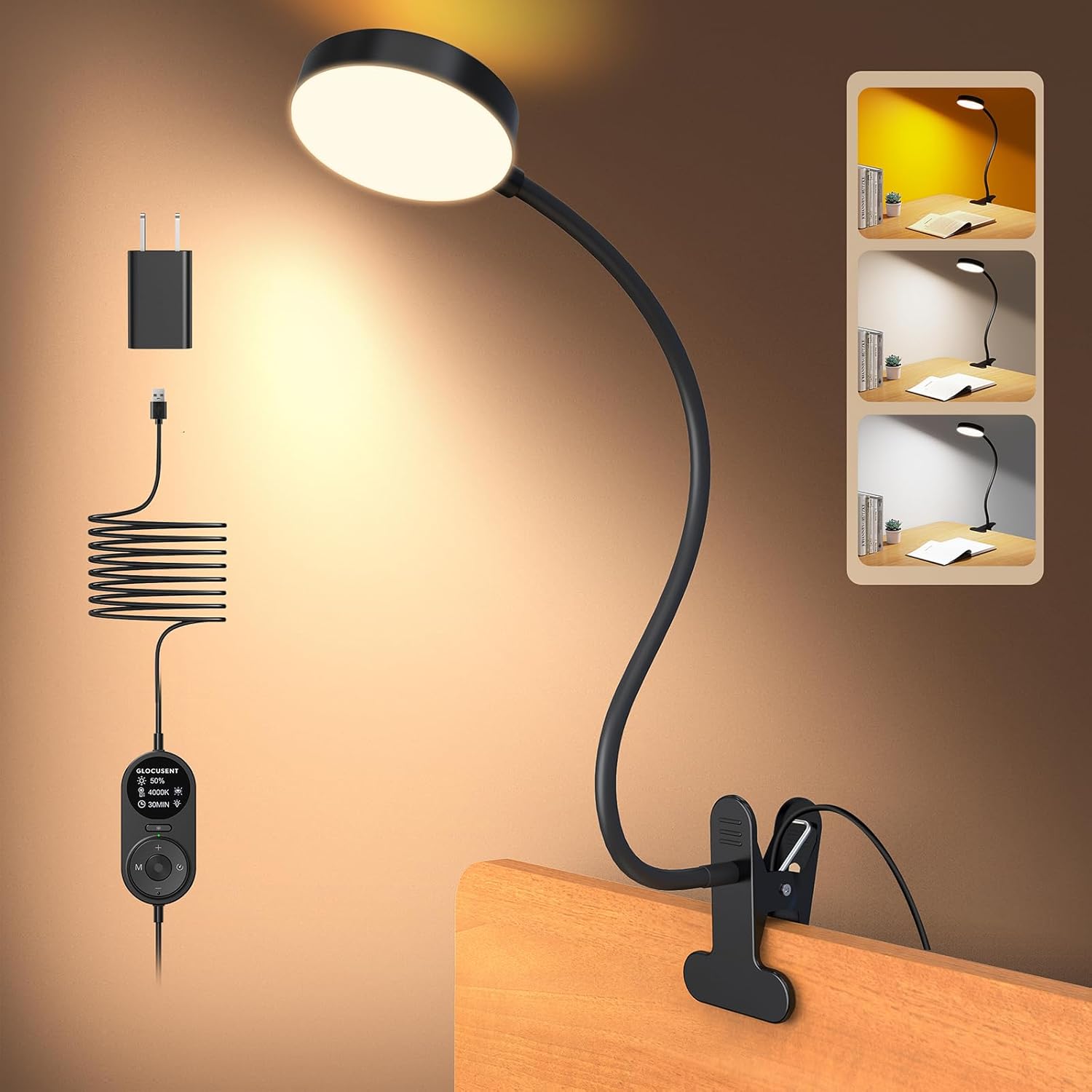 Glocusent Clip on Light, 72-LED Clip on Lamp with Amber Night Light, 3 Colors &...