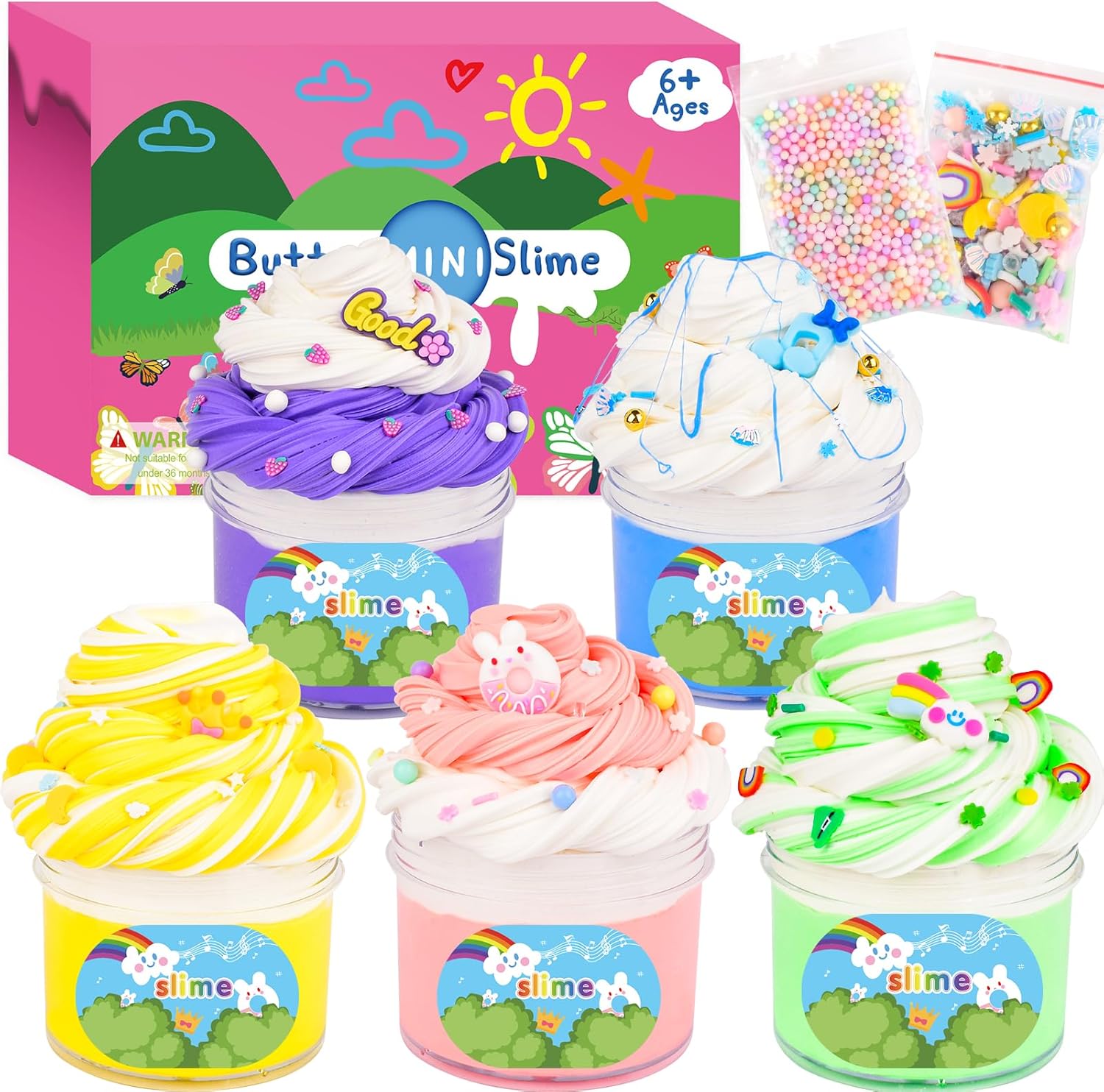 5 Pack Fluffy Butter Slime Kit, Dual Colors Slime Set with Cute Slime Charms, So...