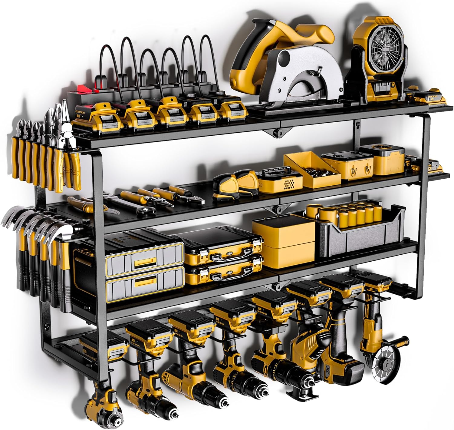 Power Tool Organizer with Charging Station, 8 Drill Holder Wall Mount, 4 Layer S...