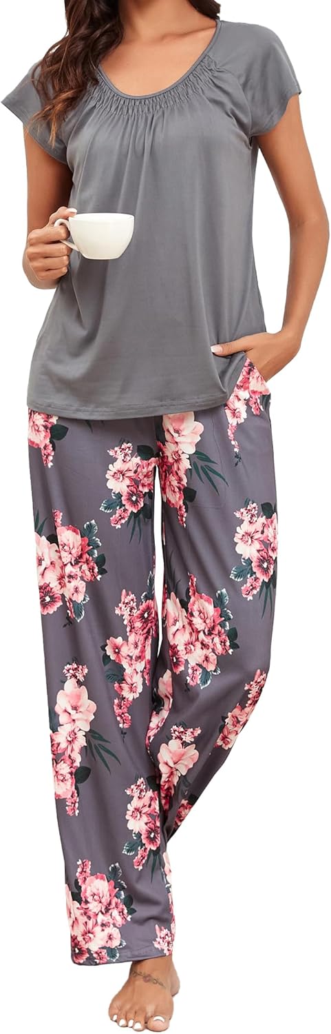Famulily Womens Pajamas Raglan Short Sleeve Boat Neck Pleated Top&Pajama Wide Le...