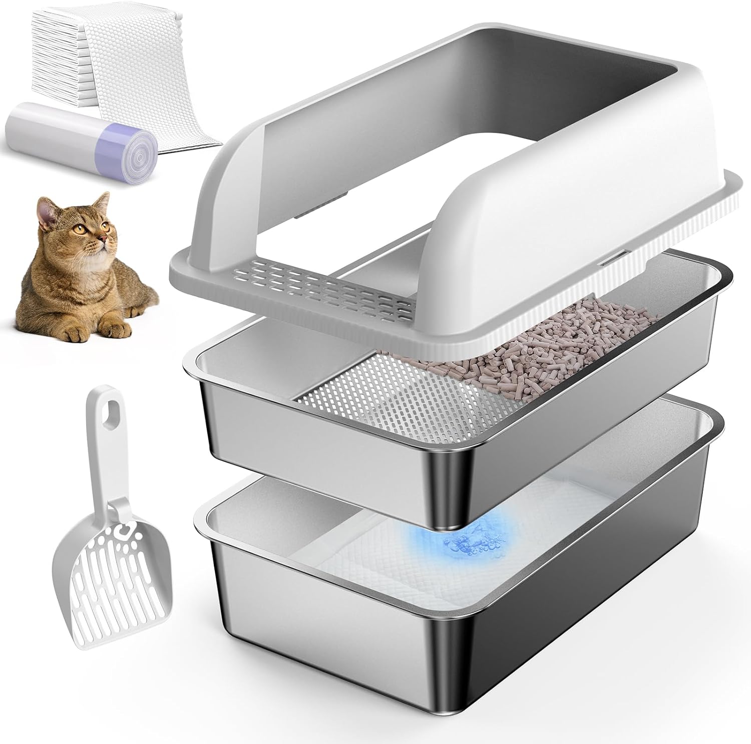23.5''x15.7''x6'' Enclosed Stainless Steel Litter Box with Lid, XL Sifting Litte...