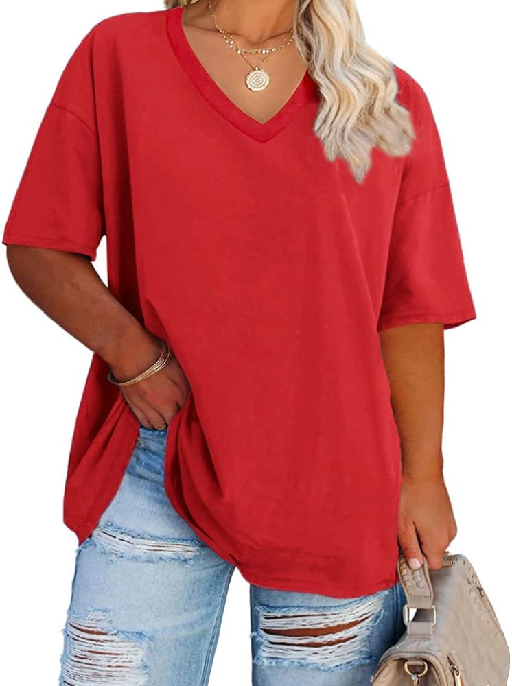 Women's Plus Size V Neck T Shirts Summer Half Sleeve Tees Casual Loose Fit Cotto...
