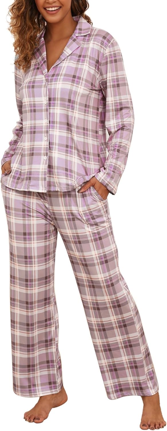 Famulily Women Long Sleeve Pajama Set Plaid Loungewear Sets Button up Top and Wi...