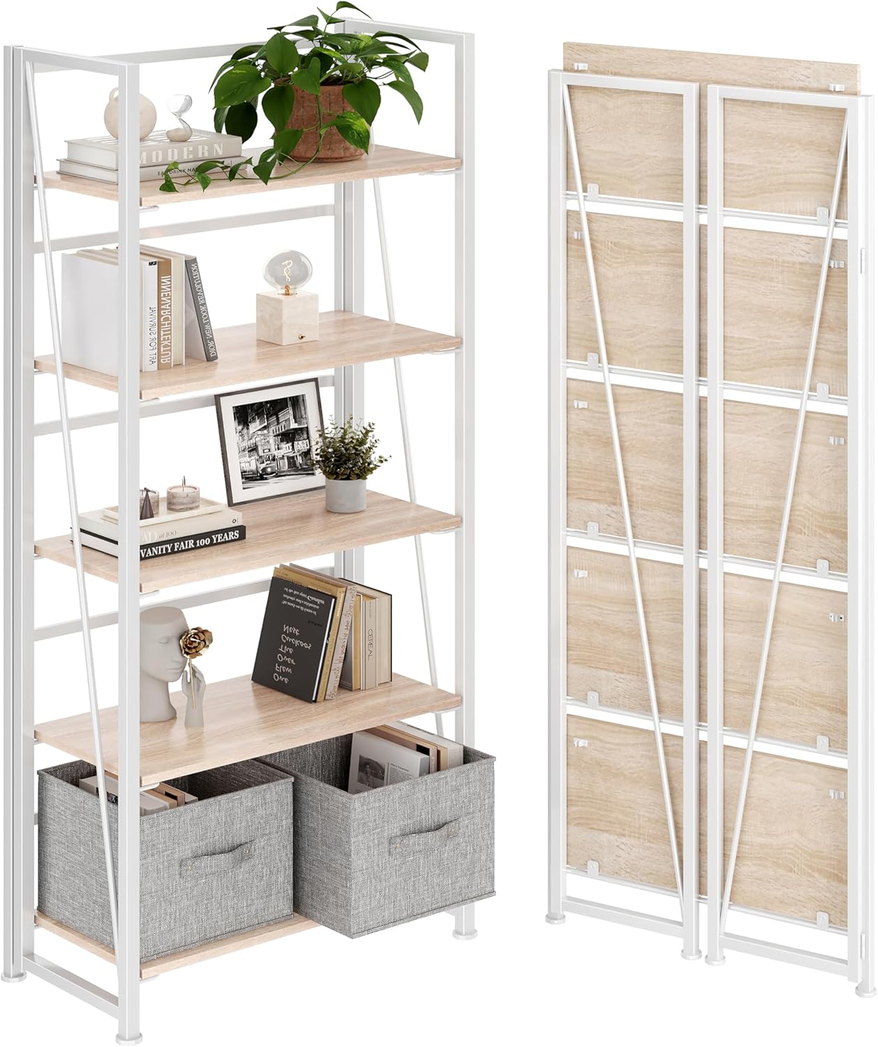 4NM No-Assembly Folding Bookshelf Storage Shelves 5 Tiers Vintage Bookcase Stand...