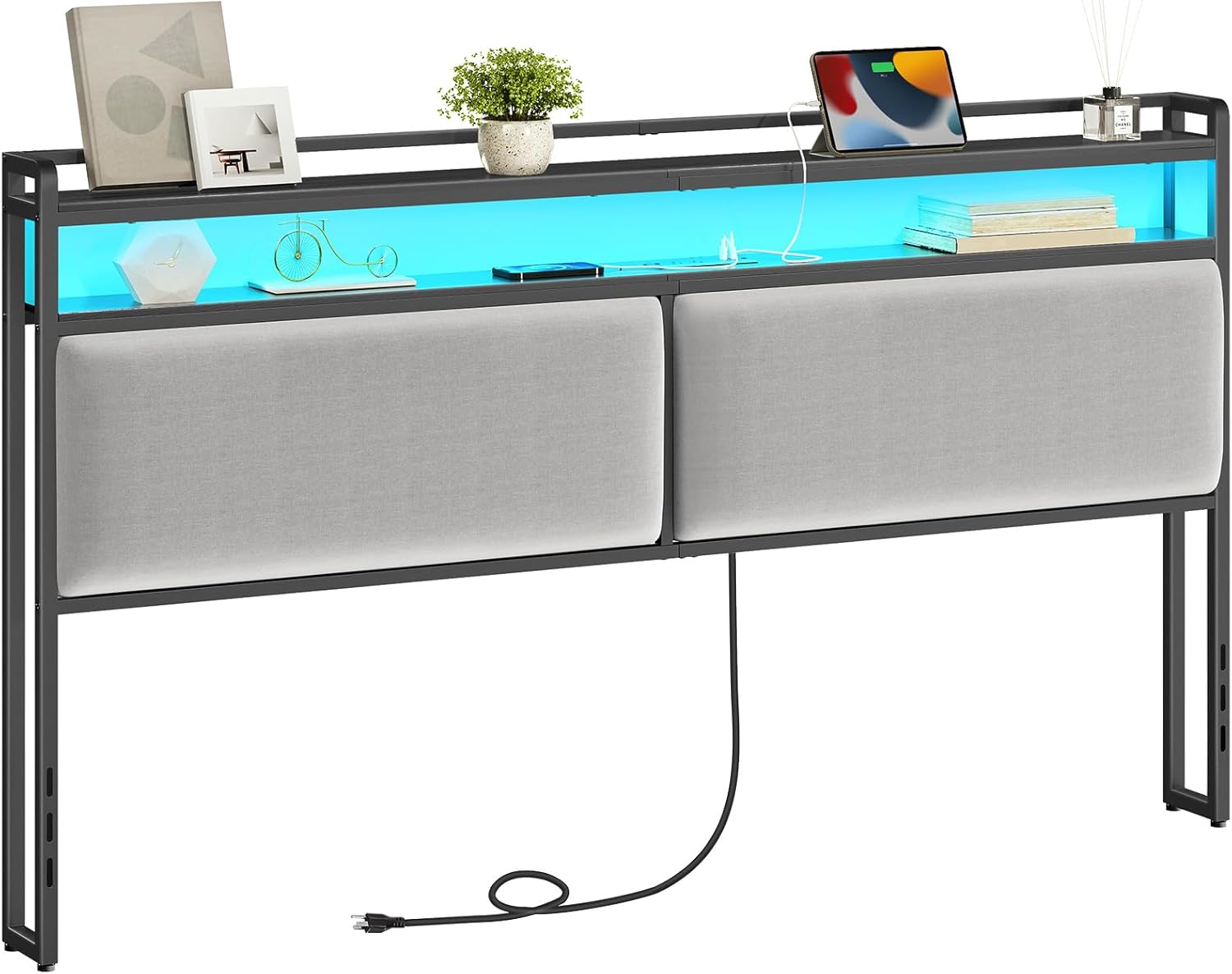 HOOBRO King Size Upholstered Headboard, Storage Headboard with Charging Station...