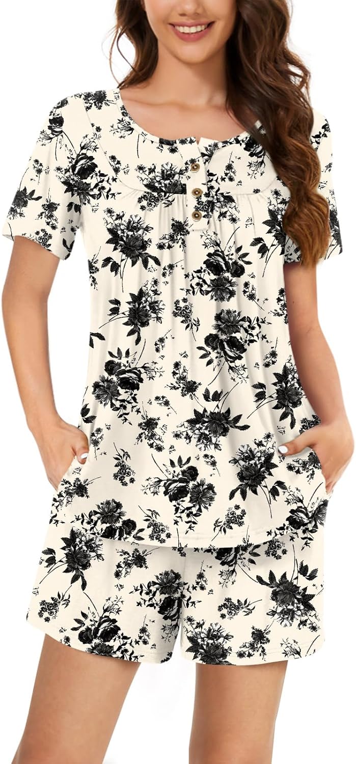 Bestbee Womens Pajama Set 2 Piece Summer Sleepwear Set Henley Neck Short Sleeve...