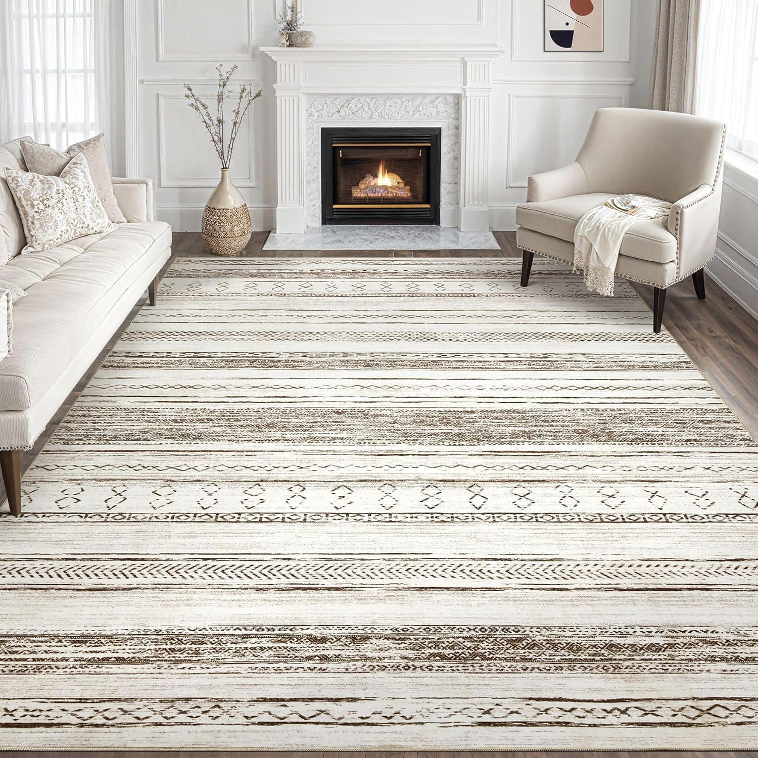 Area Rug Living Room Rugs - 10x14 Washable Large Soft Neutral Boho Moroccan Bohe...