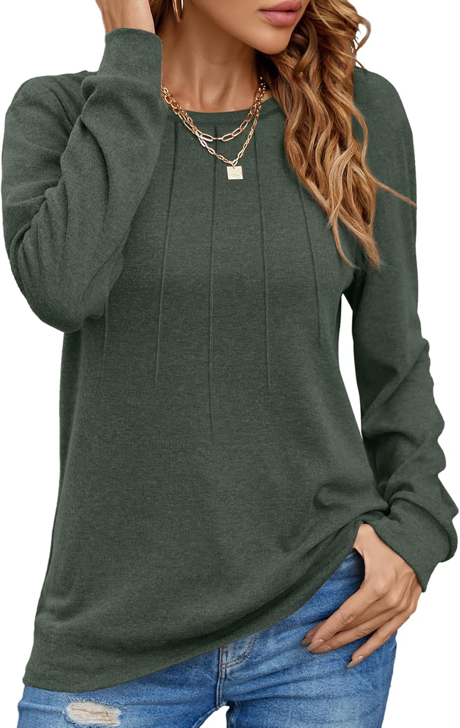 Women Long Sleeve Shirts Casual Tops Dressy Blouses Fashion Pleated Tunic Green...