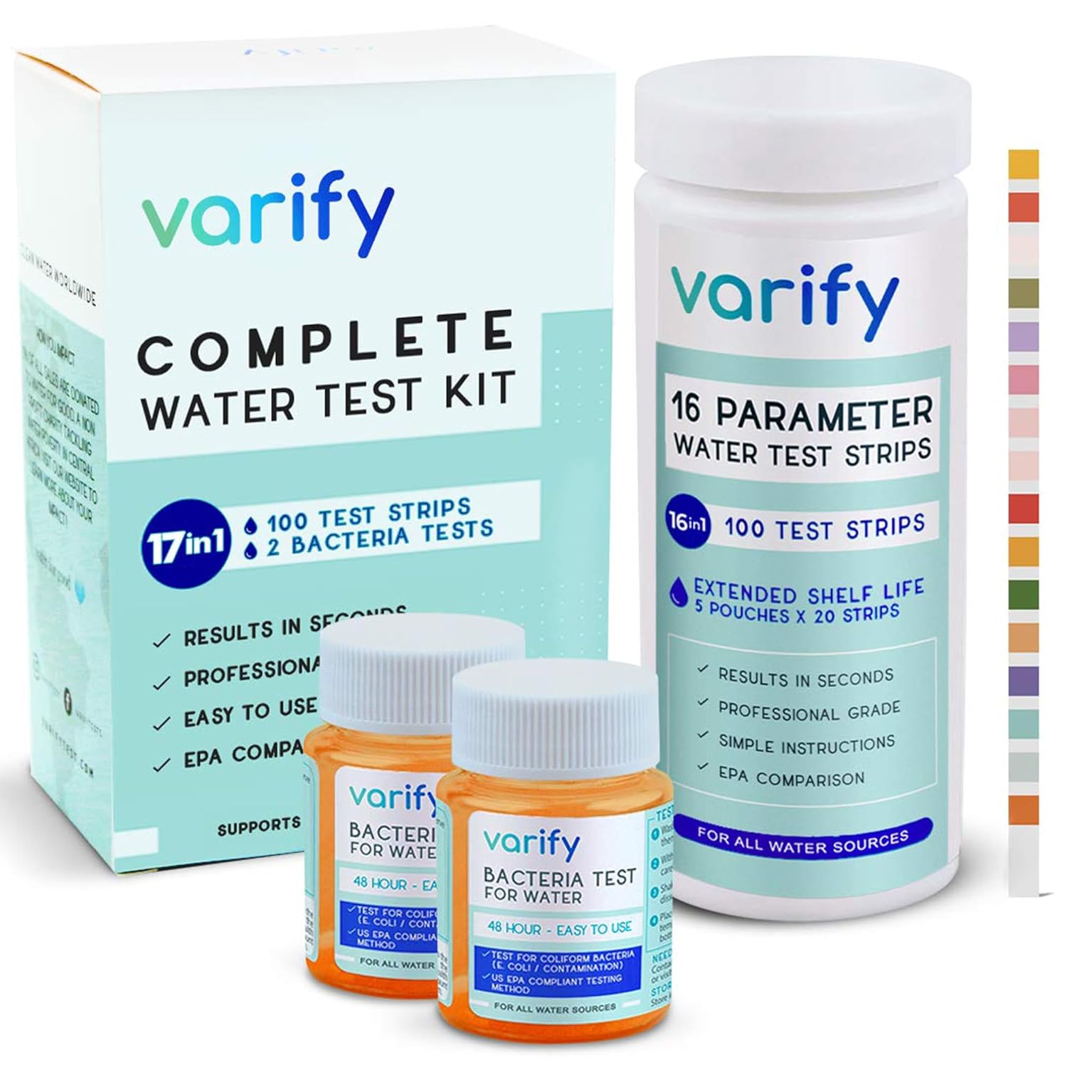 Varify 17in1 Complete Drinking Water Test Kit - 100 Strips + 2 Bacteria Tester K...