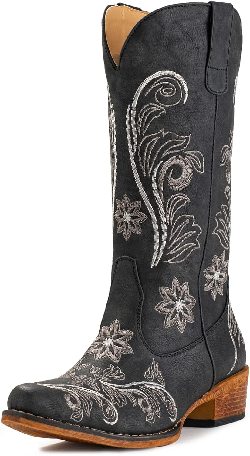 IUV Cowboy Boots For Women Mid Calf Cowgirl Boots Embroidered Pull-On Tabs Snip...