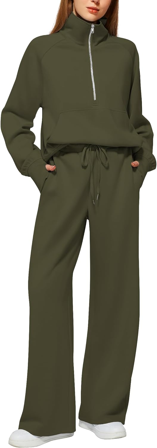 Women's 2 Piece Outfits Lounge Set 2025 Oversized Half Zip Sweatshirt Wide Leg S...