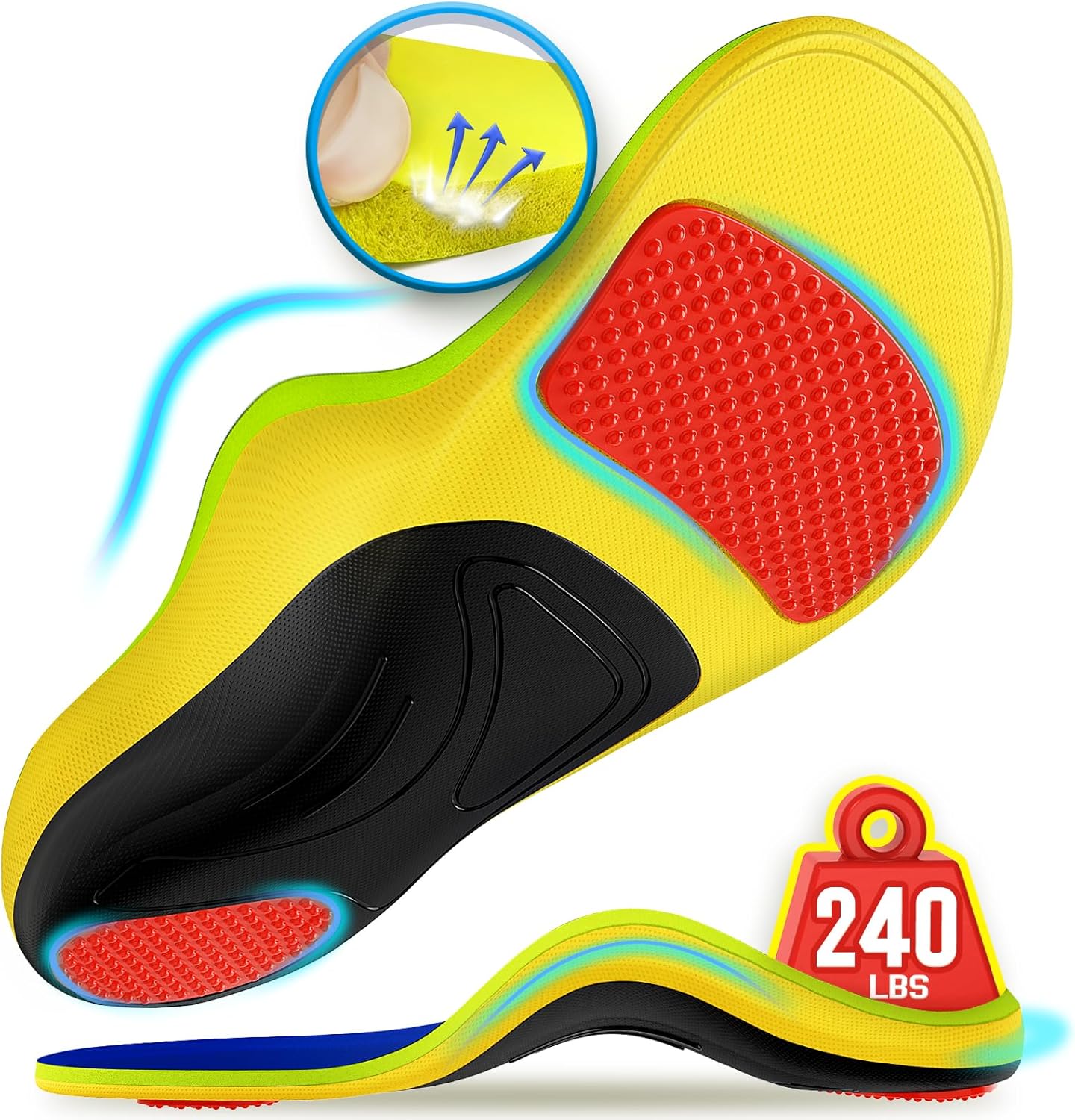 240+lbs Plantar Fasciitis Insoles Men Women, 100% Memory Foam Comfort Heavy Duty...