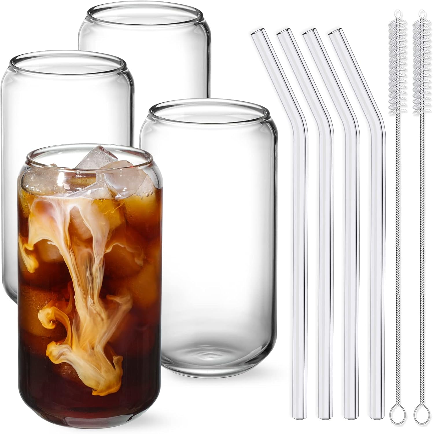 NETANY Drinking Glasses with Glass Straw 4pcs Set - 16oz Highball Glass Cups, Be...