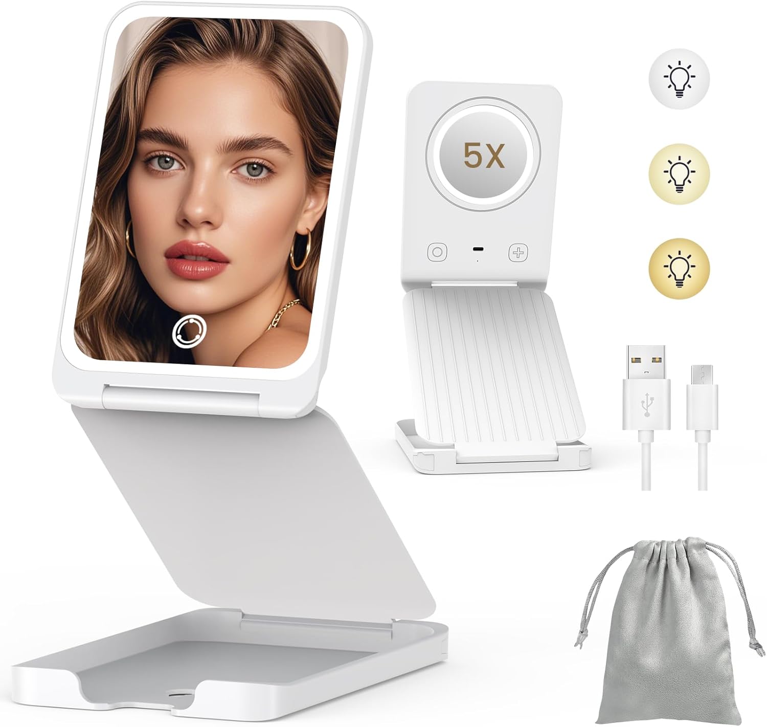 Travel Makeup Mirror with Lights, Portable 1X Vanity Mirror with 5X Lighted Magn...