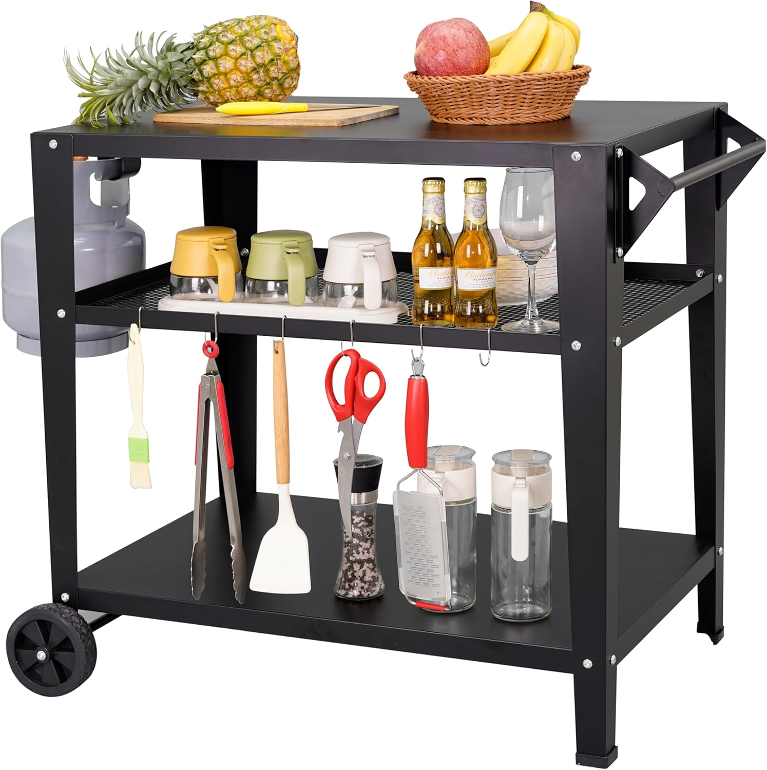 Black Outdoor Grill Cart with Wheels, Heavy-Duty 3-Tier BBQ Prep Table for Pizza...