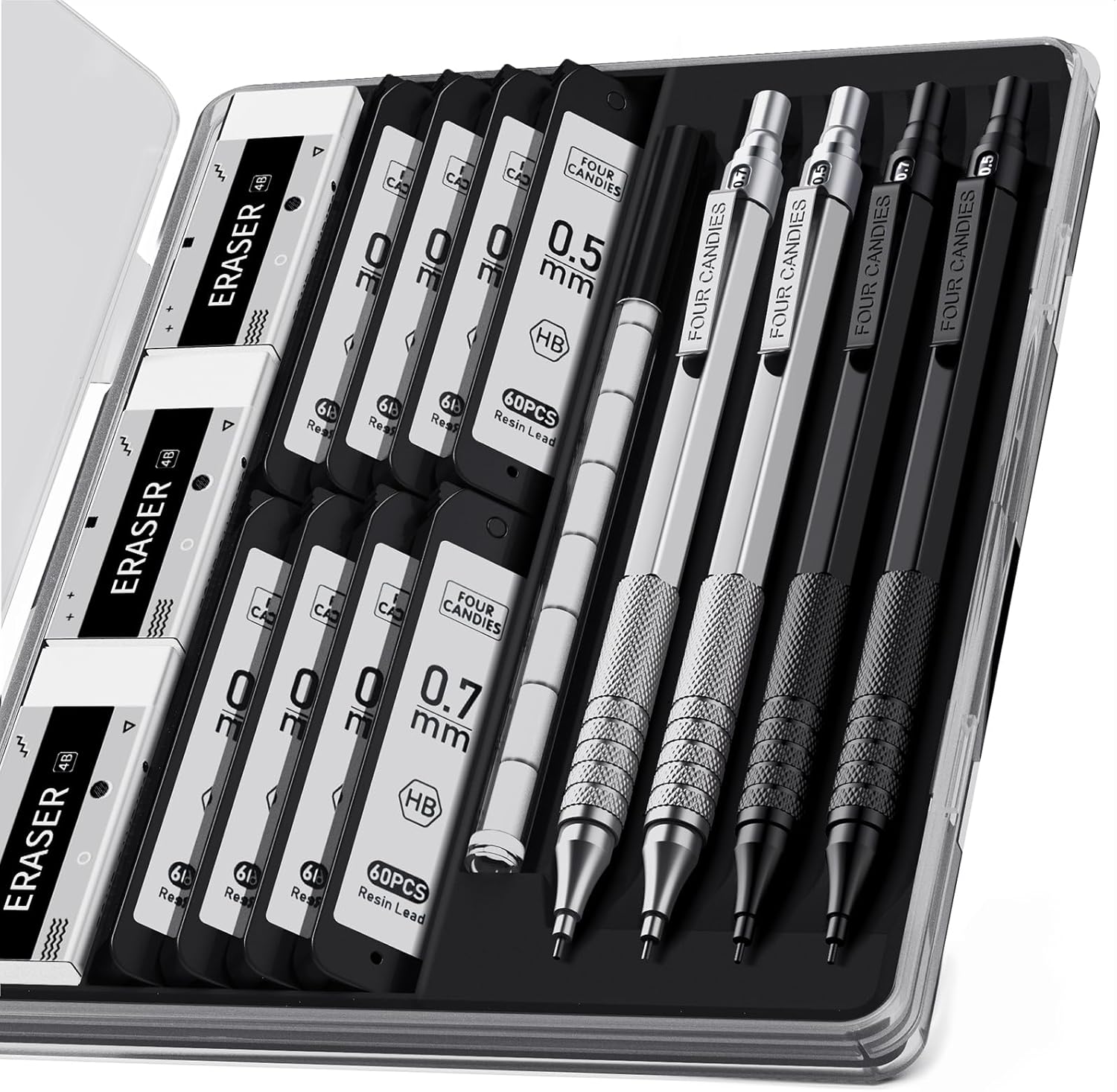 Four Candies 4PCS Metal Mechanical Pencils Set with Case, 0.5mm & 0.7 mm Artist...