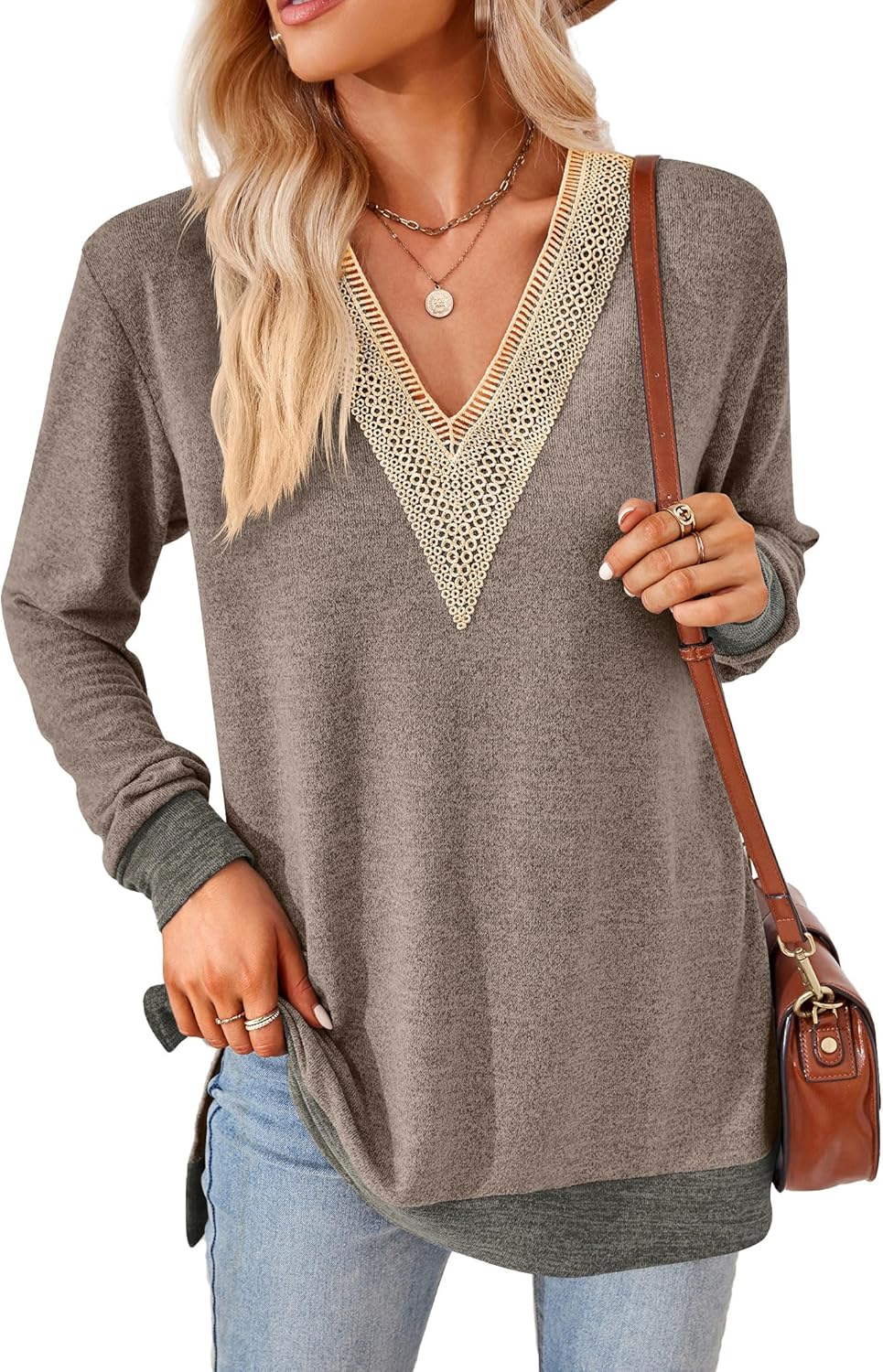 iChunhua Womens V Neck Lace Trim Lightweight Soft Jumpers Ladies Colour Contrast...