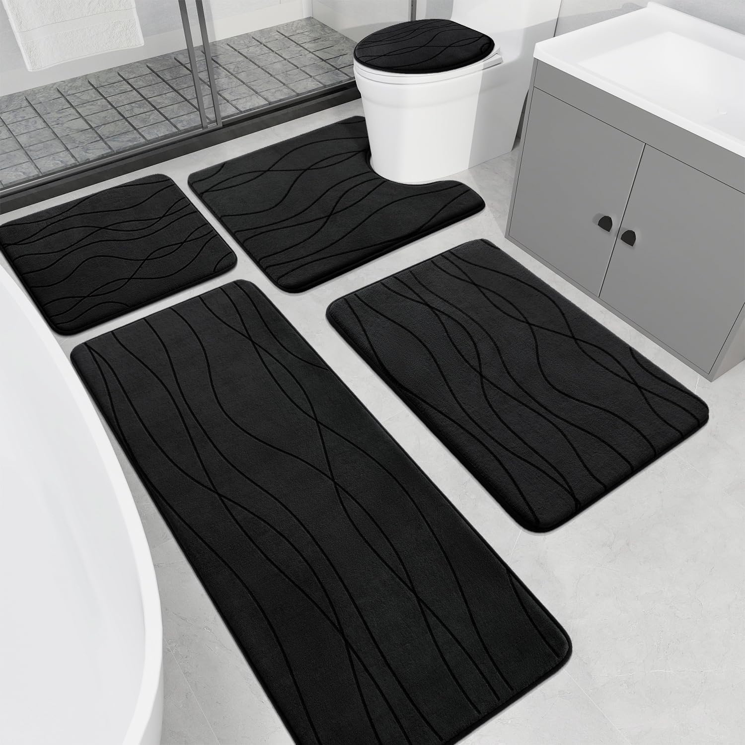 YIHOUSE Memory Foam Black Bathroom Rug Sets 5 Piece, Ultra Absorbent Bath Mat fo...