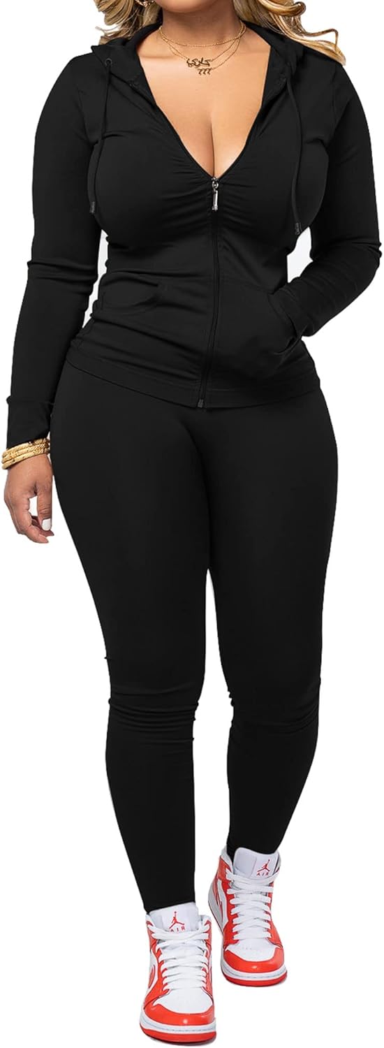 PINSV Women Two Piece Outfits Workout Sets Bodycon Tracksuit Long Sleeve Zip Up...