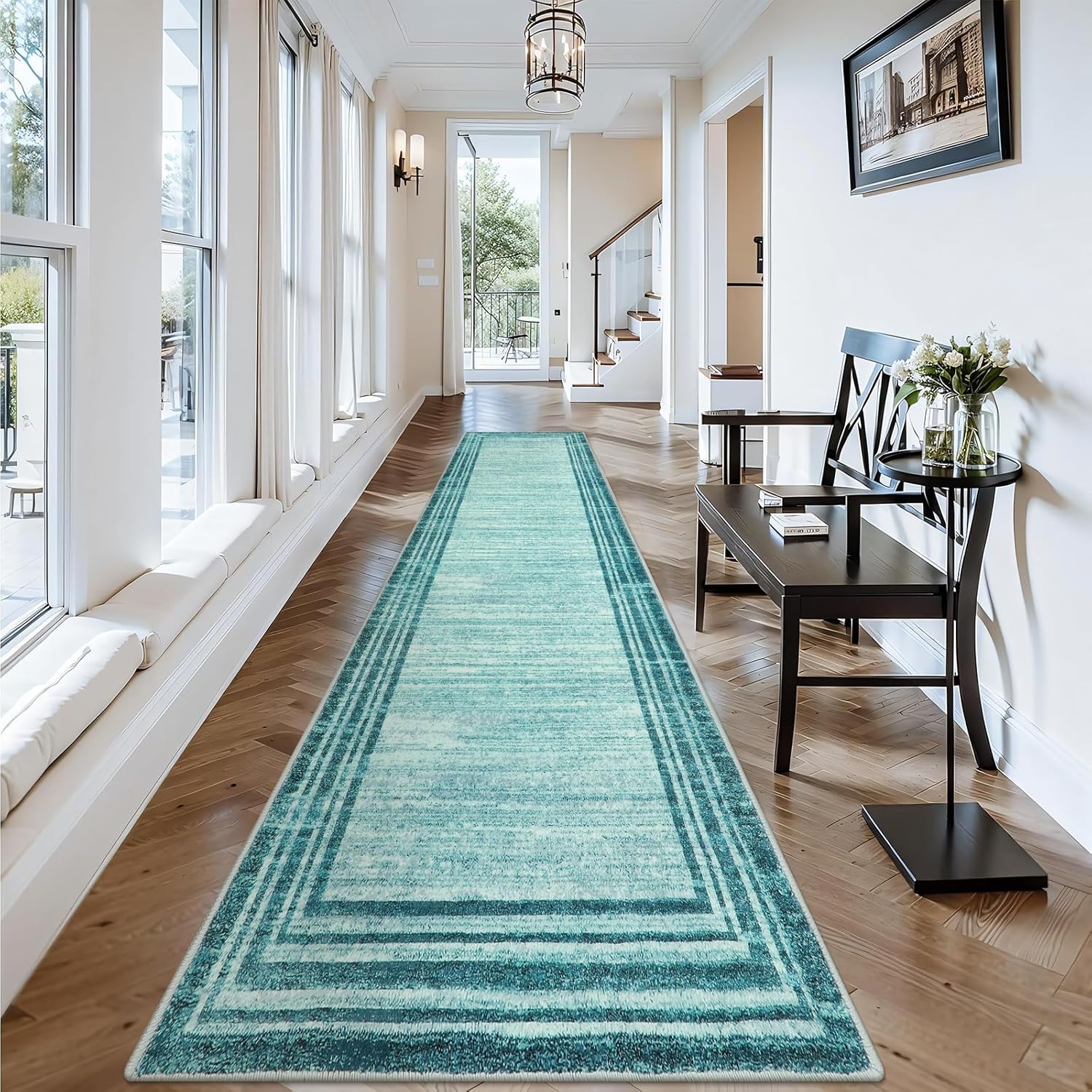 Lahome Abstract Runner Rug,Teal 2.5x12 Hallway Runner Rug Washable Non-Slip Long...