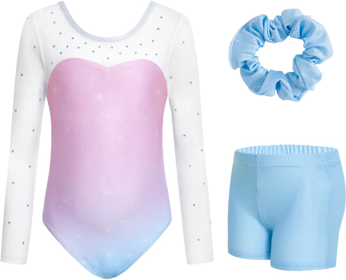 JiAmy Gymnastics Leotards for Girls with Shorts Set, Long Sleeve Kids Gymnastics...
