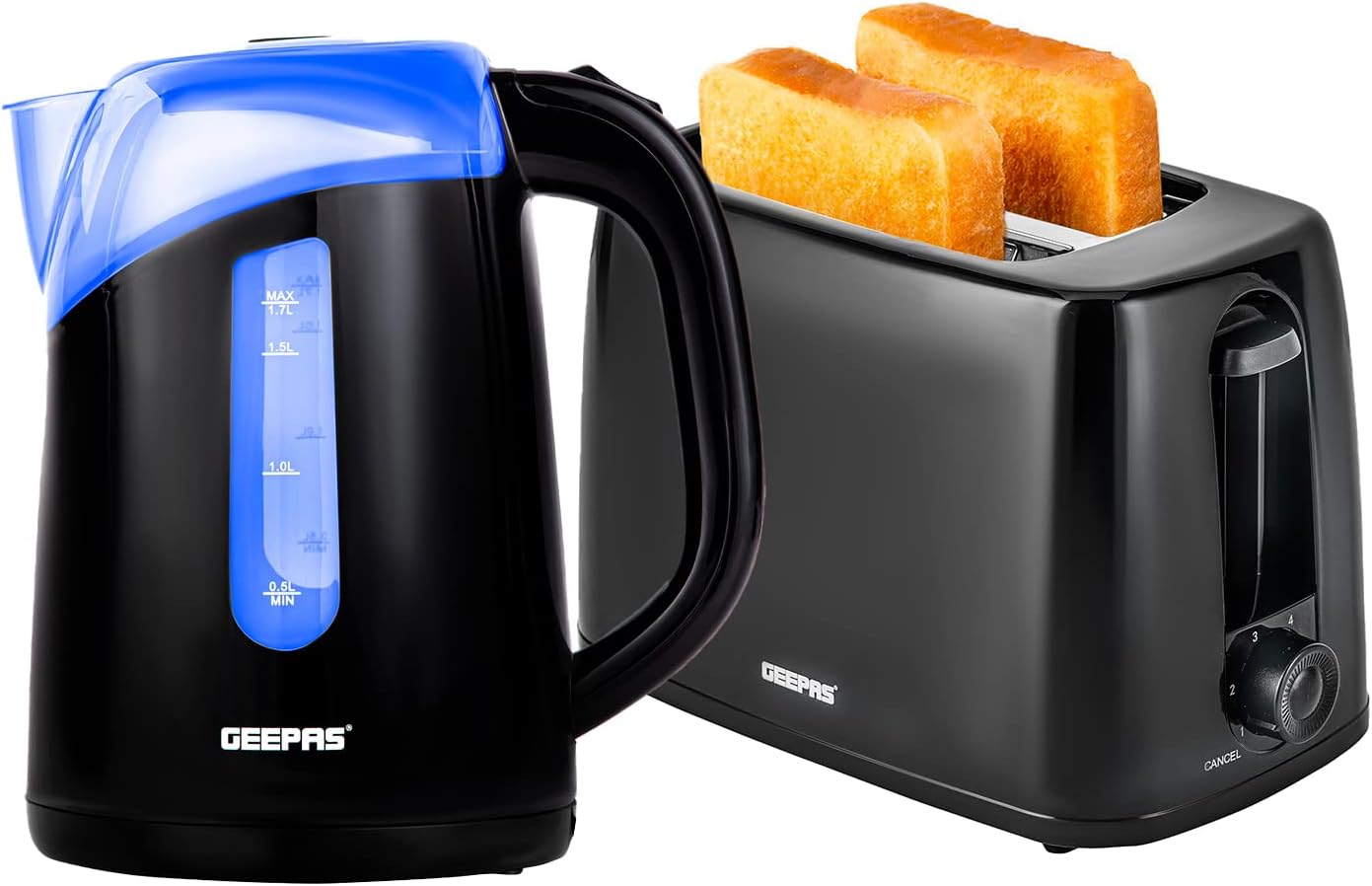 Geepas 650W 2 Slice Bread Toaster & 2200W Illuminating Electric Kettle Combo Set...
