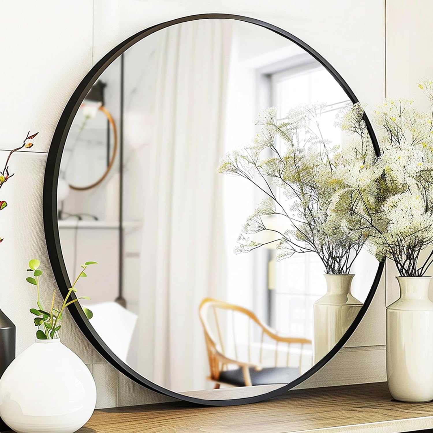 Black Round Mirror, Round Mirror 24 inch, Black Circle Mirror Metal Frame, Round...