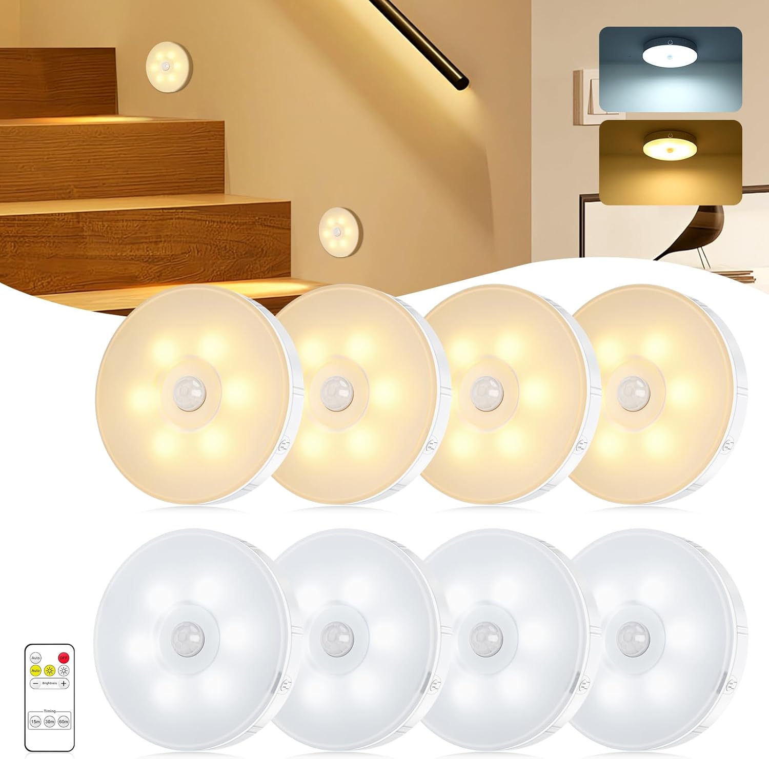 COTLEDL 8 Pack Motion Sensor Lights Indoors,12 LEDs Stair Lights with Remote Con...