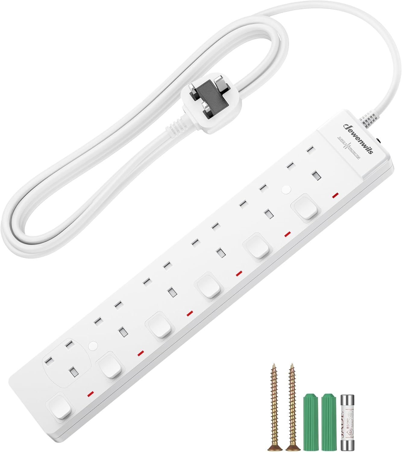 DEWENWILS 6 Way Surge Protected Extension Lead, Individual Switches and Indicato...