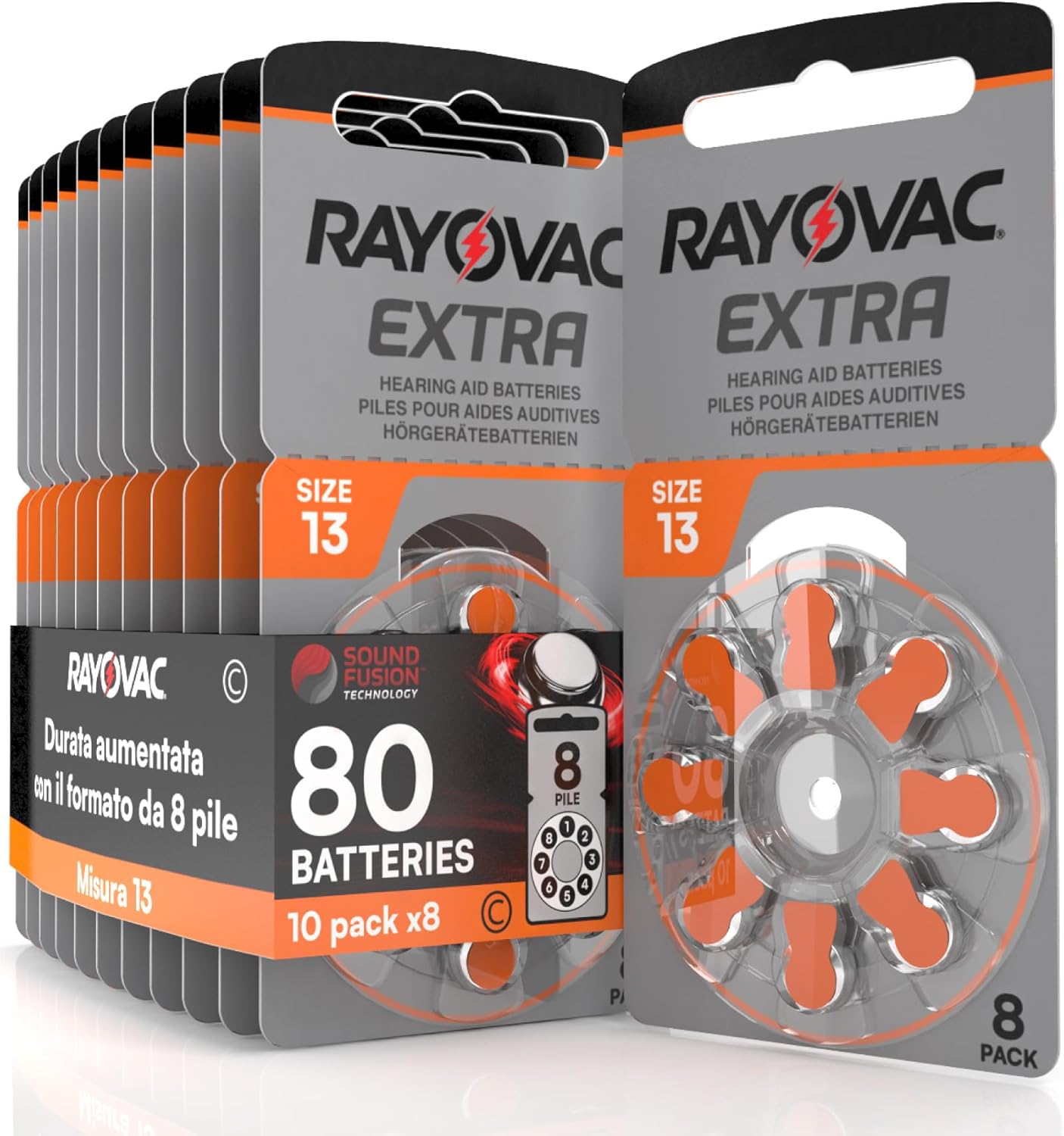 80 Hearing Aid Batteries Rayovac Extra 13. 10x8 Pack PR48 Orange Size