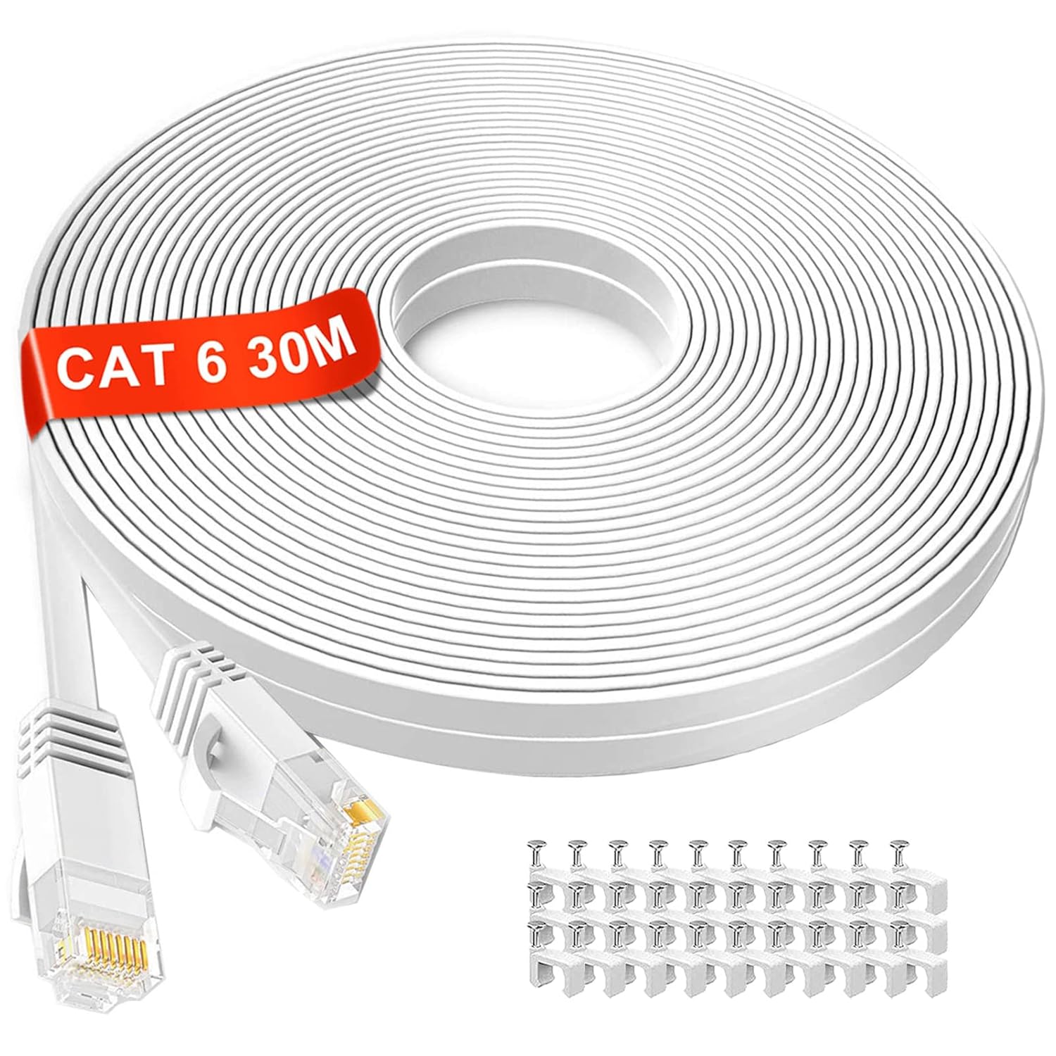 Ethernet Cable 30m Long, Cat 6 High Speed Internet Cable Flat LAN Cable 30m Outd...